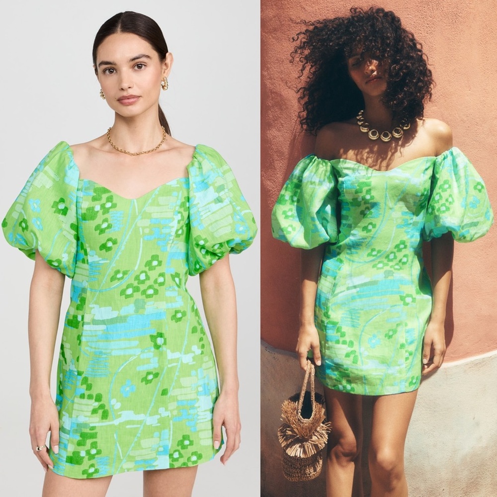RHODE Dali Dress Puff Sleeve Linen Cotton Electric Eden Green Floral Print Sz 6